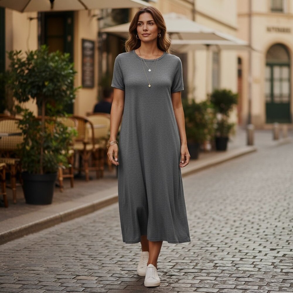 Zenana Premium Crew Neck T-Shirt Midi Dress Sz M Ash Gray #244D‎
